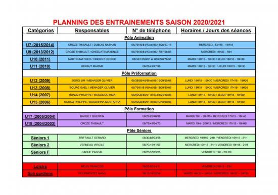 Planning entrainements saison 2020 2021 nsf